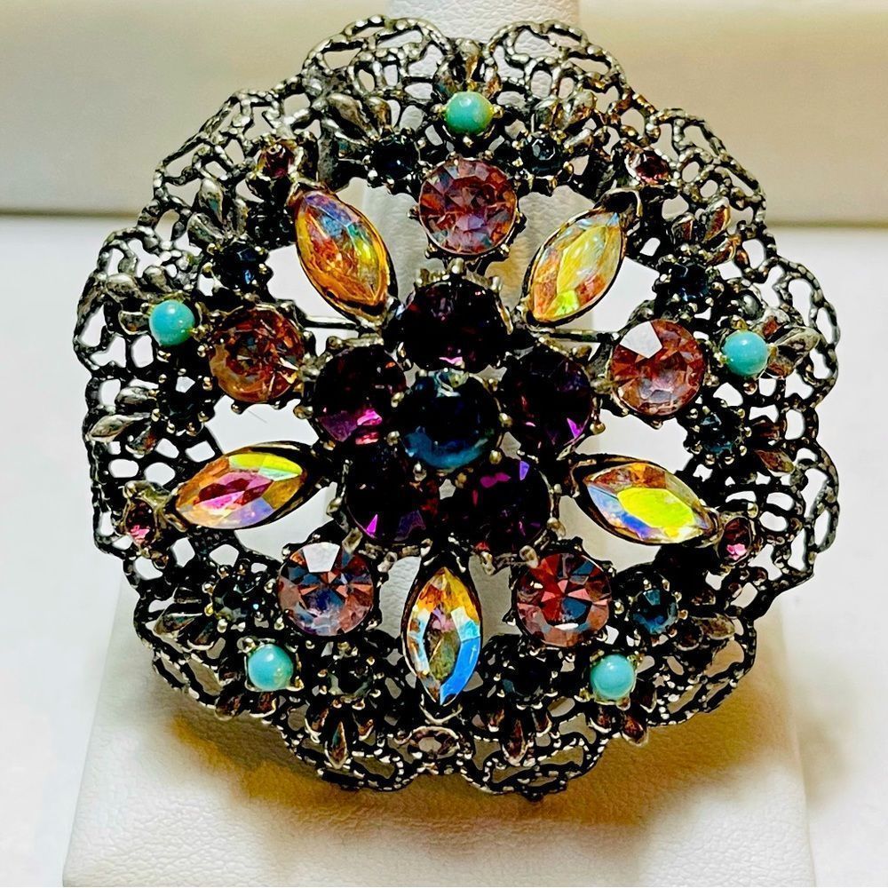Vintage 50’s Diamante Domed Floral Filigree Brooch Pin Pink AB Glass Rhi…
